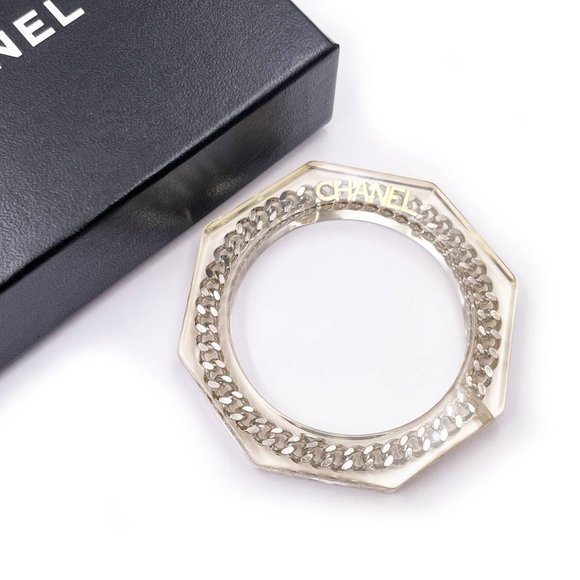 Chanel Gold Silver Chain Resin Cuff Bangle Bracelet  *Marked 97 *Made in France - Picture 2 of 5